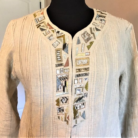 CHICO'S Tan Linen Jacket Top with Embellishments - Picture 4 of 12